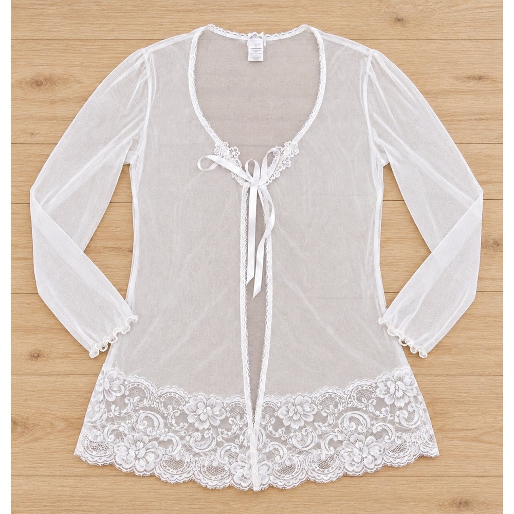 Lovers Lane Cardigan Sheer Mesh Lace Trim Tie Front Coquette Aesthetic Large NWT